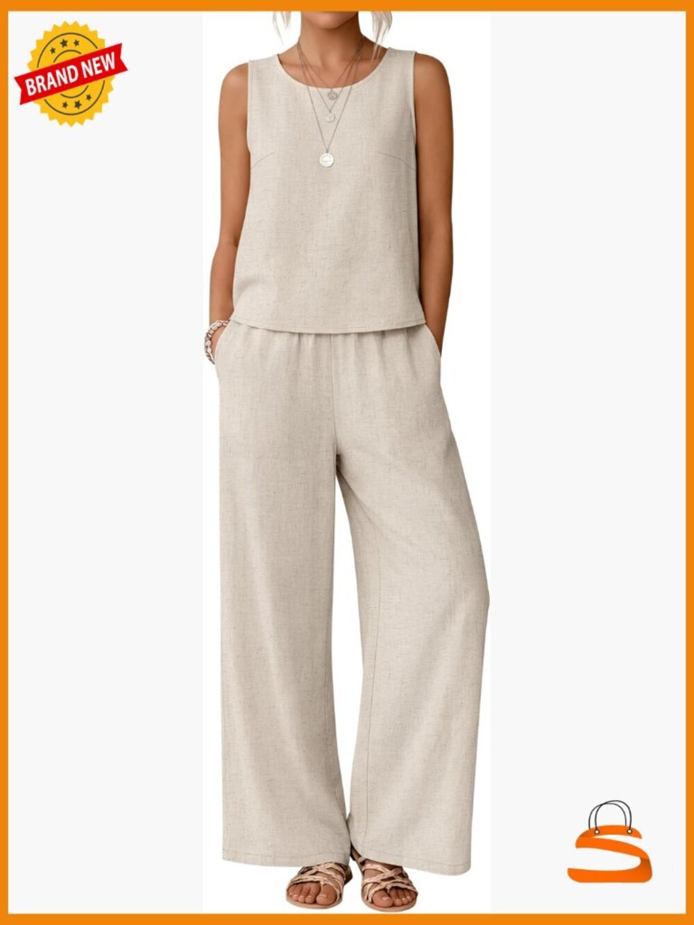 Linen 2 Piece Lounge Set Sleeveless Crop Tank High Waist Pants